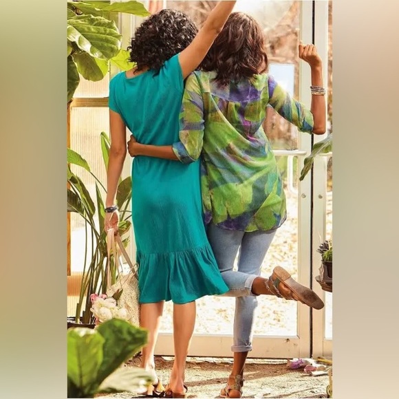 Soft Surroundings Short Sleeve Fleur Midi Dress in Peacock Green Size small - Picture 2 of 9